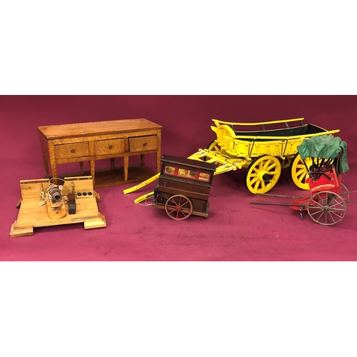 1242 - A model horse cart, 69cm overall, a smaller horse trap, a vintage Tallent Old Bond England Oak Barre... 