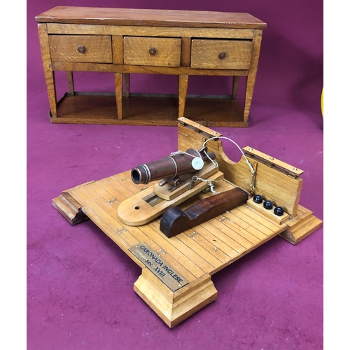 1242 - A model horse cart, 69cm overall, a smaller horse trap, a vintage Tallent Old Bond England Oak Barre... 