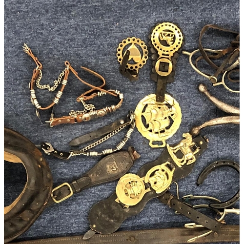 1251 - A quantity of horse harnesses, including neck straps, horse brasses, whips etc.