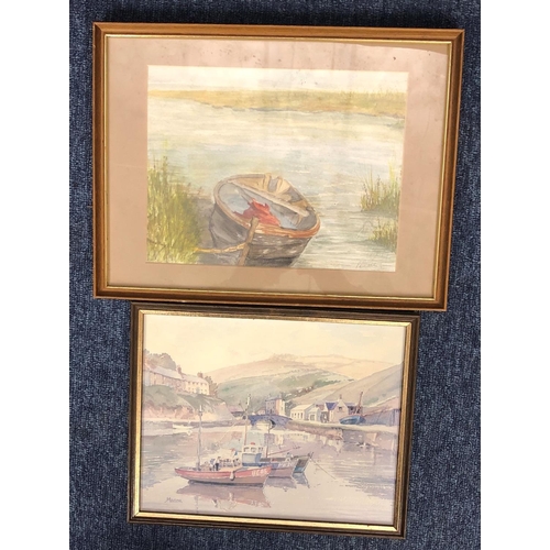 1260 - A watercolour of a small rowing boat  by Pat Snelling, in wood frame, 23 x 17
5cm and a print of moo... 