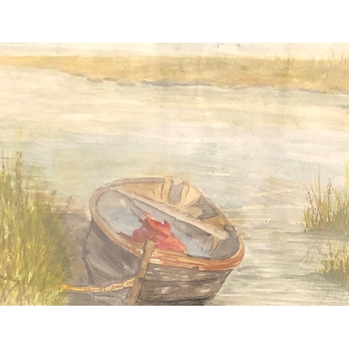 1260 - A watercolour of a small rowing boat  by Pat Snelling, in wood frame, 23 x 17
5cm and a print of moo... 