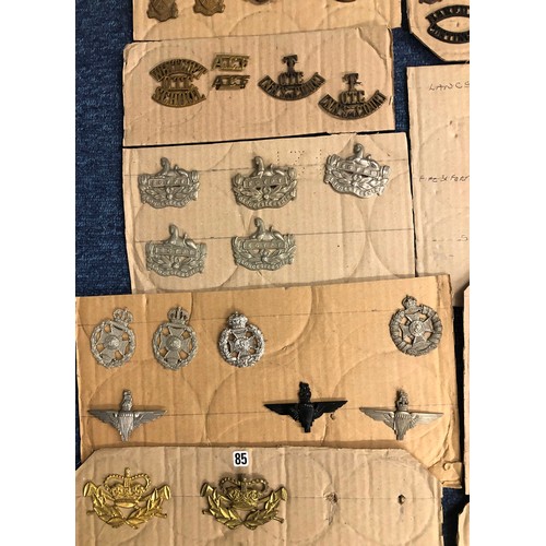 846 - A quantity of various military and other cap badges etc mounted on 26 cut down boards