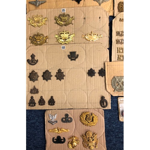 846 - A quantity of various military and other cap badges etc mounted on 26 cut down boards