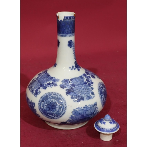 155 - A Blue and white round bulbous thin neck vase with stopper with allover floral, leaf and scroll deco... 