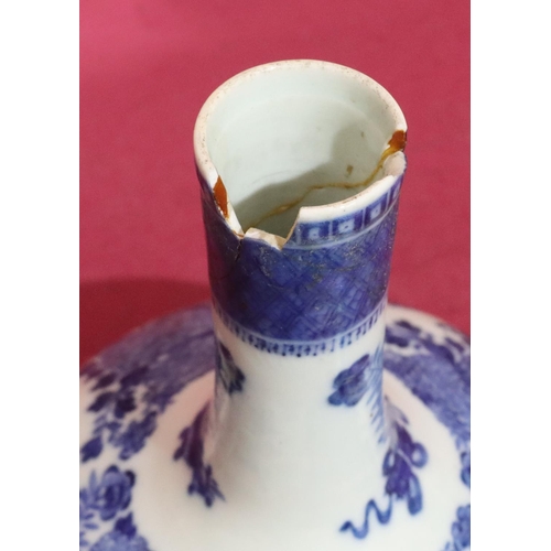 155 - A Blue and white round bulbous thin neck vase with stopper with allover floral, leaf and scroll deco... 