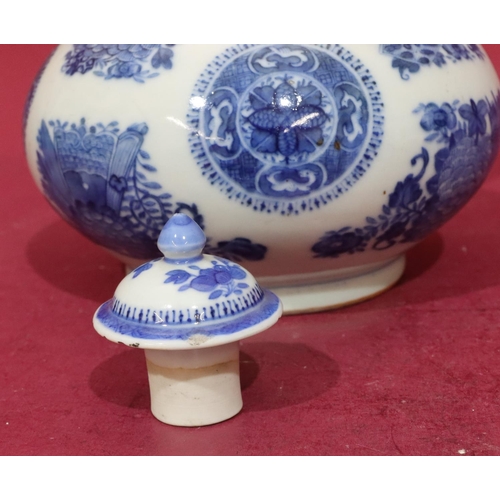 155 - A Blue and white round bulbous thin neck vase with stopper with allover floral, leaf and scroll deco... 