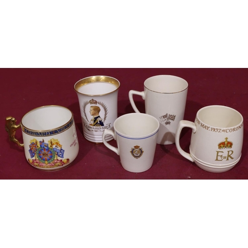 161 - A Mintons Edward VIII Limited Edition beaker numbered 1712 and 4 other Edward VIII Coronation mugs (... 