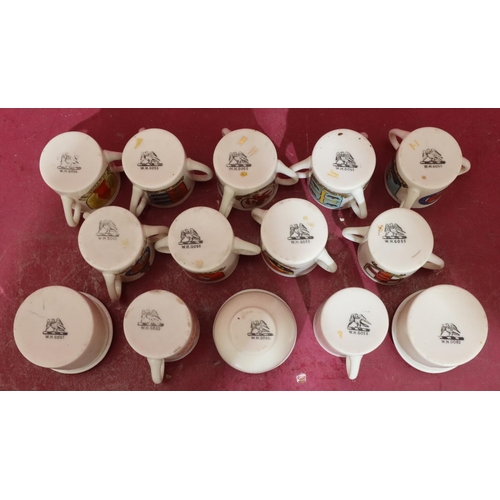 164 - 10 W.H Goss miniature loving cups with various crests, a similar miniature mug and 3 small lidded W.... 