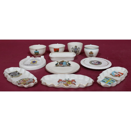 166 - 3 W.H Goss crested china oval scallop shaped dishes and 8 other W.H Goss crested china items includi... 