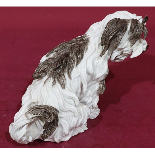 169 - A Continental Meissen style figure of a seated shaggy dog on white and brown ground, 20cm high (slig... 