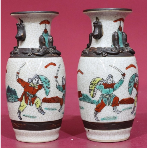 174 - A pair of Satsuma Crackleware round bulbous thin neck trumpet shaped vases on multicoloured ground w... 