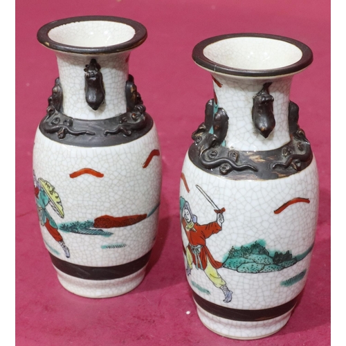 174 - A pair of Satsuma Crackleware round bulbous thin neck trumpet shaped vases on multicoloured ground w... 