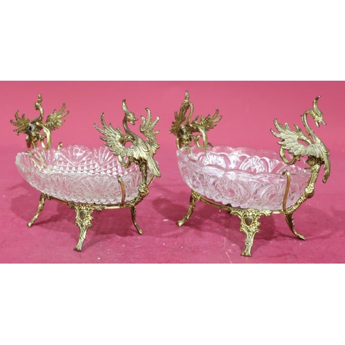 175 - 2 oval glass dishes on gilt frames with raised bird and scroll decoration on splayed feet (glass bow... 