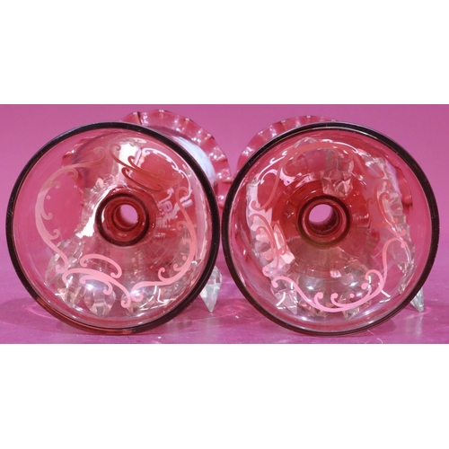 178 - A pair of Mary Gregory style round bulbous trumpet shaped lustres with scallop shaped rims, raised w... 