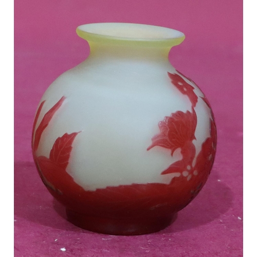 192 - A Galle cameo glass small round bulbous thin neck trumpet shaped vase with raised red carved floral ... 