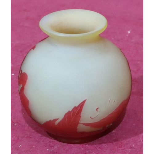 192 - A Galle cameo glass small round bulbous thin neck trumpet shaped vase with raised red carved floral ... 