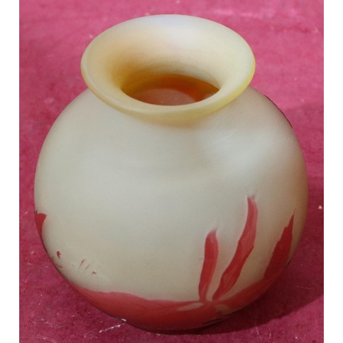 192 - A Galle cameo glass small round bulbous thin neck trumpet shaped vase with raised red carved floral ... 