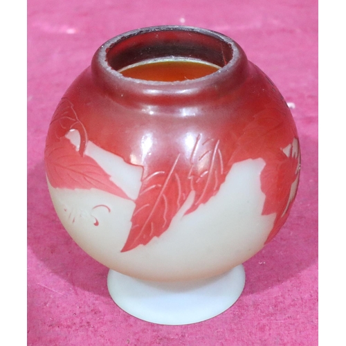 192 - A Galle cameo glass small round bulbous thin neck trumpet shaped vase with raised red carved floral ... 