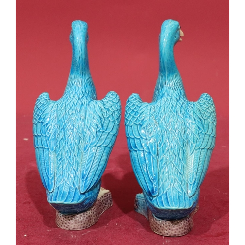 197 - A pair of glazed earthenware Oriental figures of ducks on turquoise ground, 20cm high