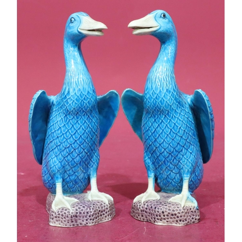 197 - A pair of glazed earthenware Oriental figures of ducks on turquoise ground, 20cm high