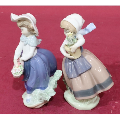 198 - 2 Lladro figures of ladies holding encrusted floral baskets, 18cm high