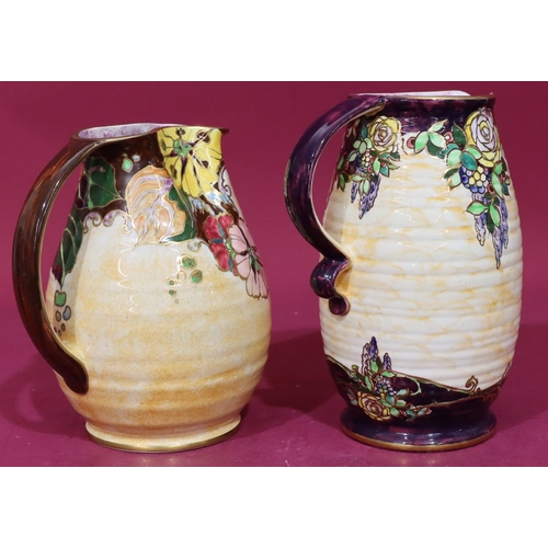 20 - A Royal Winton round bulbous shaped jug on cream and purple ground with multicoloured floral, leaf a... 