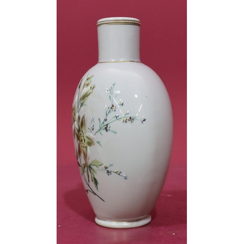 204 - A Victorian Opaline oblong bulbous thin neck vase with hand painted floral and leaf decoration, 24cm... 