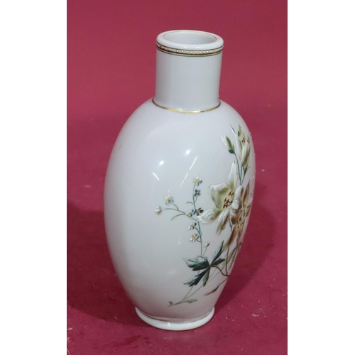 204 - A Victorian Opaline oblong bulbous thin neck vase with hand painted floral and leaf decoration, 24cm... 