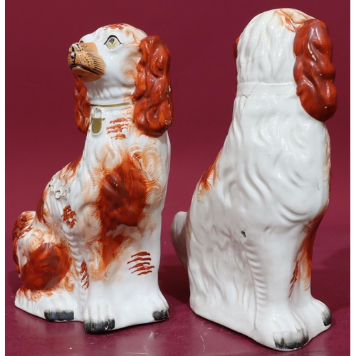 215 - A pair of 19th Century Staffordshire figures of seated spaniels on white and red ground with gilt ch... 