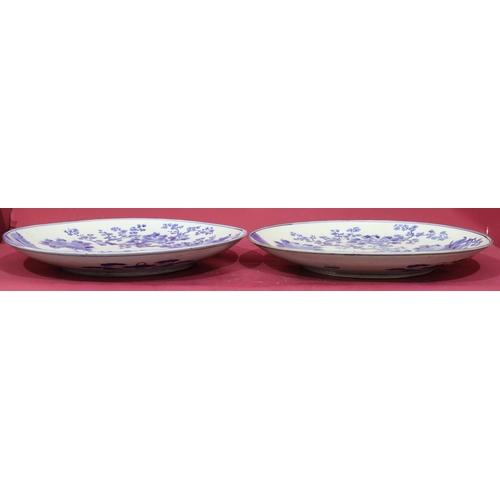 218 - A pair of large 19th/20th Century round chargers on blue and white ground with bird, branch, floral ... 