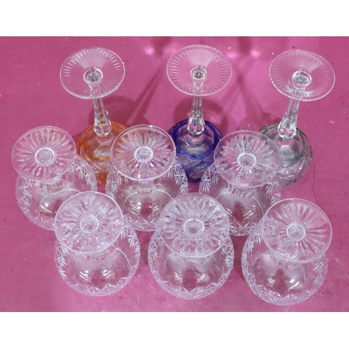 221 - A set of 6 Thomas Webb crystal round bulbous shaped brandy balloons, 14cm high 3 coloured Hock glass... 