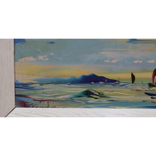 240 - George R Deakins, impasto yacht and seascape  signed, in white painted frame, 16.5cm x 39.5cm