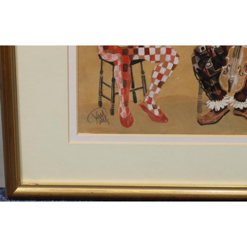 258 - John Uht (1924-2010) watercolour depicting 3 seated musical clowns, signed, in gilt frame, 21.5cm x ... 