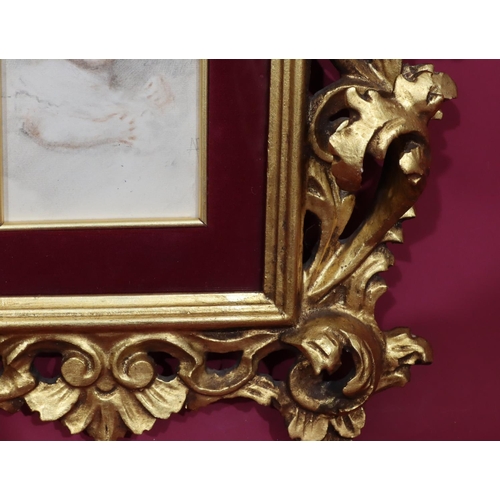 280 - Pompeo Mariani watercolour shoulder length portrait of a baby in Italian carved gilt wood frame with... 