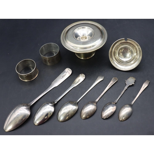 296 - A Scottish silver teaspoon, 5 other silver teaspoons, 2 silver napkin rings, a silver top and an 800... 