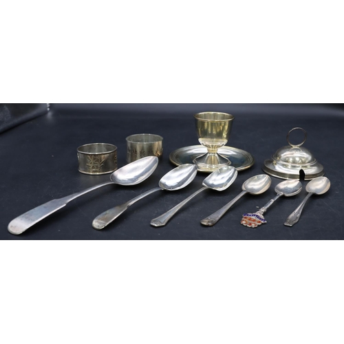 296 - A Scottish silver teaspoon, 5 other silver teaspoons, 2 silver napkin rings, a silver top and an 800... 