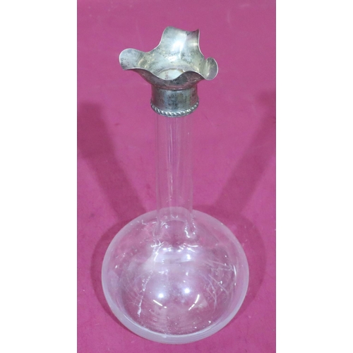 303 - A plain glass round bulbous thin neck decanter (no stopper) with Birmingham silver neck and spout, 2... 