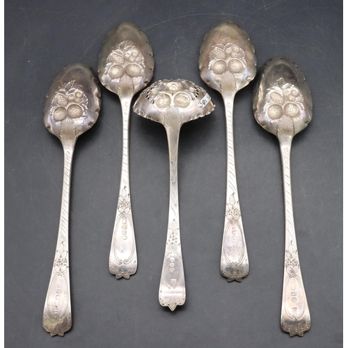 309 - A Harlequin set of 4 Georgian silver berry spoons with embossed fruit and leaf decoration, 3 x 1830,... 