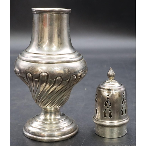 315 - A late Victorian silver round bulbous shaped sugar caster with part embossed fluted decoration on sw... 