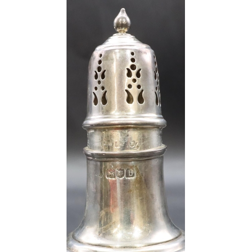 315 - A late Victorian silver round bulbous shaped sugar caster with part embossed fluted decoration on sw... 