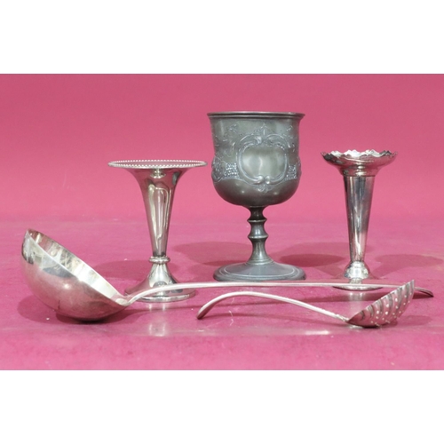 316 - A Donador soup ladle, 2 silver plated spill vases, a silver plated sifter spoon with shell shaped bo... 