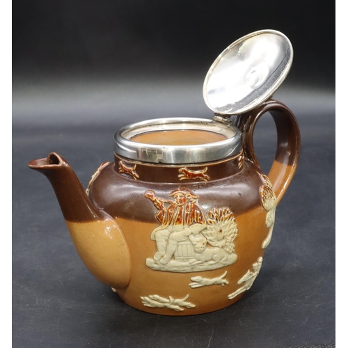 317 - A Royal Doulton glazed earthenware round bulbous shaped teapot with Birmingham silver rim and hinged... 