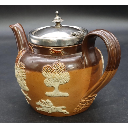 317 - A Royal Doulton glazed earthenware round bulbous shaped teapot with Birmingham silver rim and hinged... 