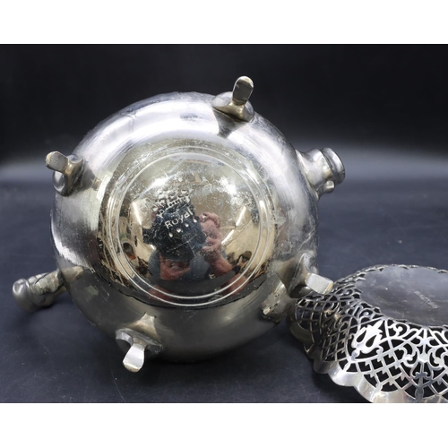 318 - An Eastern silver plated round bulbous shaped teapot with embossed decoration, scroll handle on spla... 