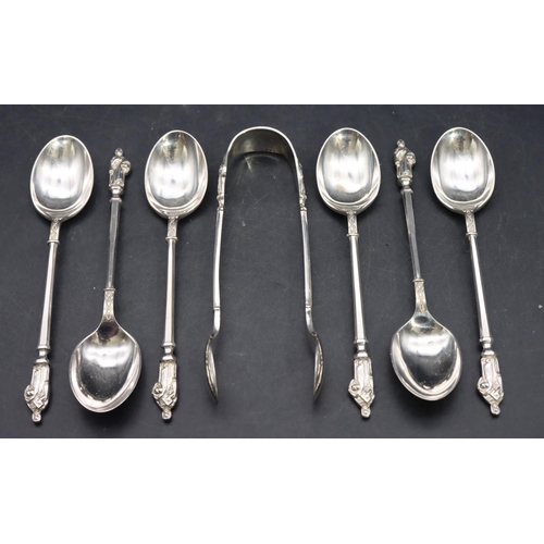 331 - A set of 6 Apostle teaspoons and a pair of matching sugar tongs in fitted black leather case, maker'... 