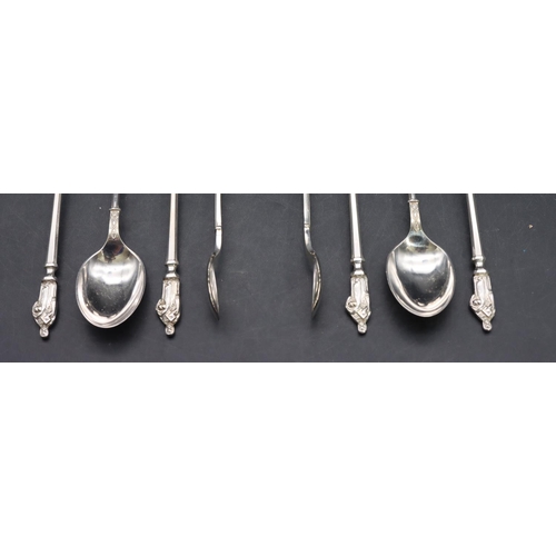 331 - A set of 6 Apostle teaspoons and a pair of matching sugar tongs in fitted black leather case, maker'... 