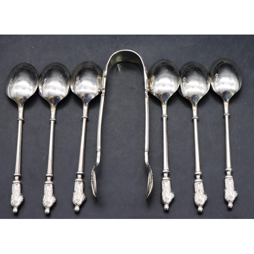 331 - A set of 6 Apostle teaspoons and a pair of matching sugar tongs in fitted black leather case, maker'... 