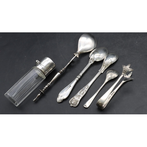 334 - A cut glass scent bottle with silver hinged lid, a Continental silver spoon, a silver mustard spoon,... 