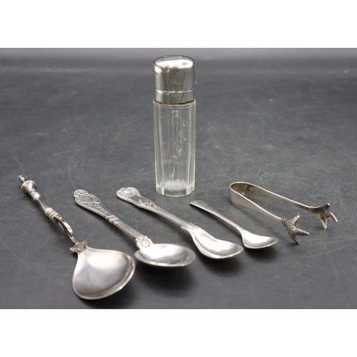 334 - A cut glass scent bottle with silver hinged lid, a Continental silver spoon, a silver mustard spoon,... 