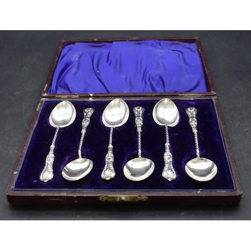 350 - A set of 6 Birmingham silver teaspoons with twist stems with embossed handles, in fitted black leath... 